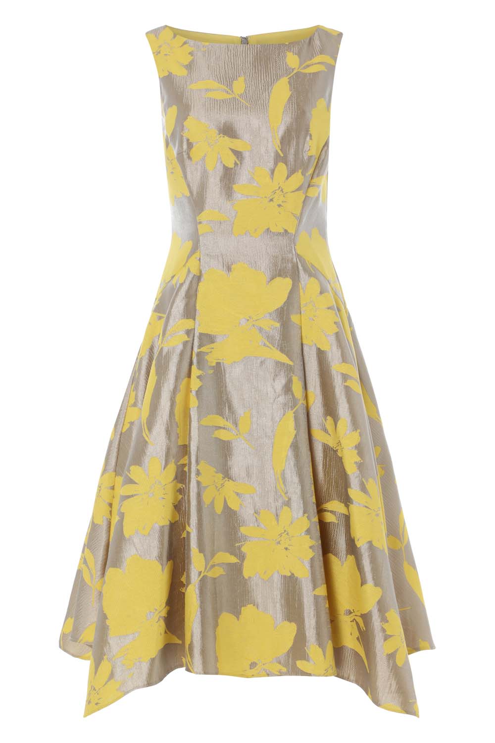 Yellow Floral Jacquard Fit and Flare Midi Dress, Image 5 of 5