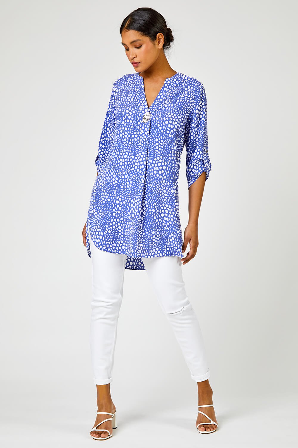 Blue Longline Button Detail Abstract Spot Print Top, Image 3 of 5