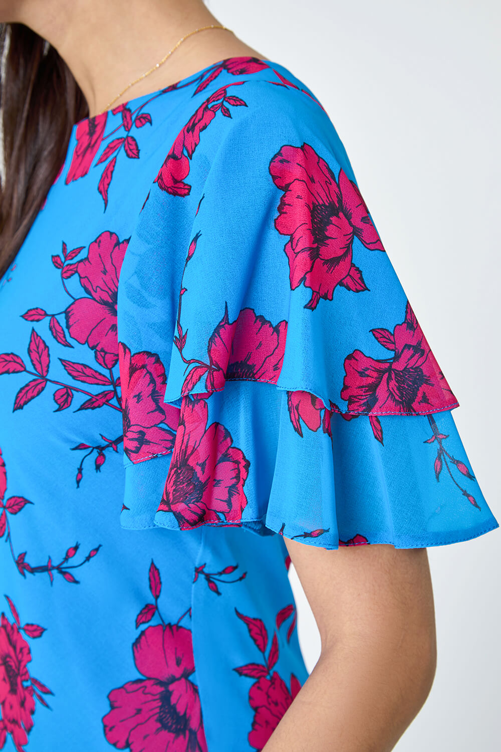 Blue Floral Tiered Sleeve Maxi Dress, Image 5 of 6