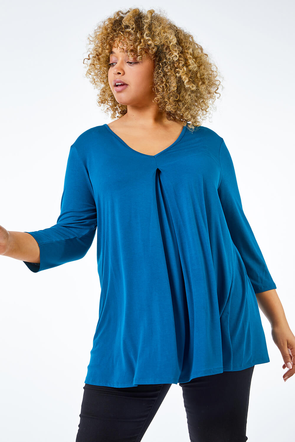 Curve Pleat Front Stretch Top in Teal - Roman Originals UK