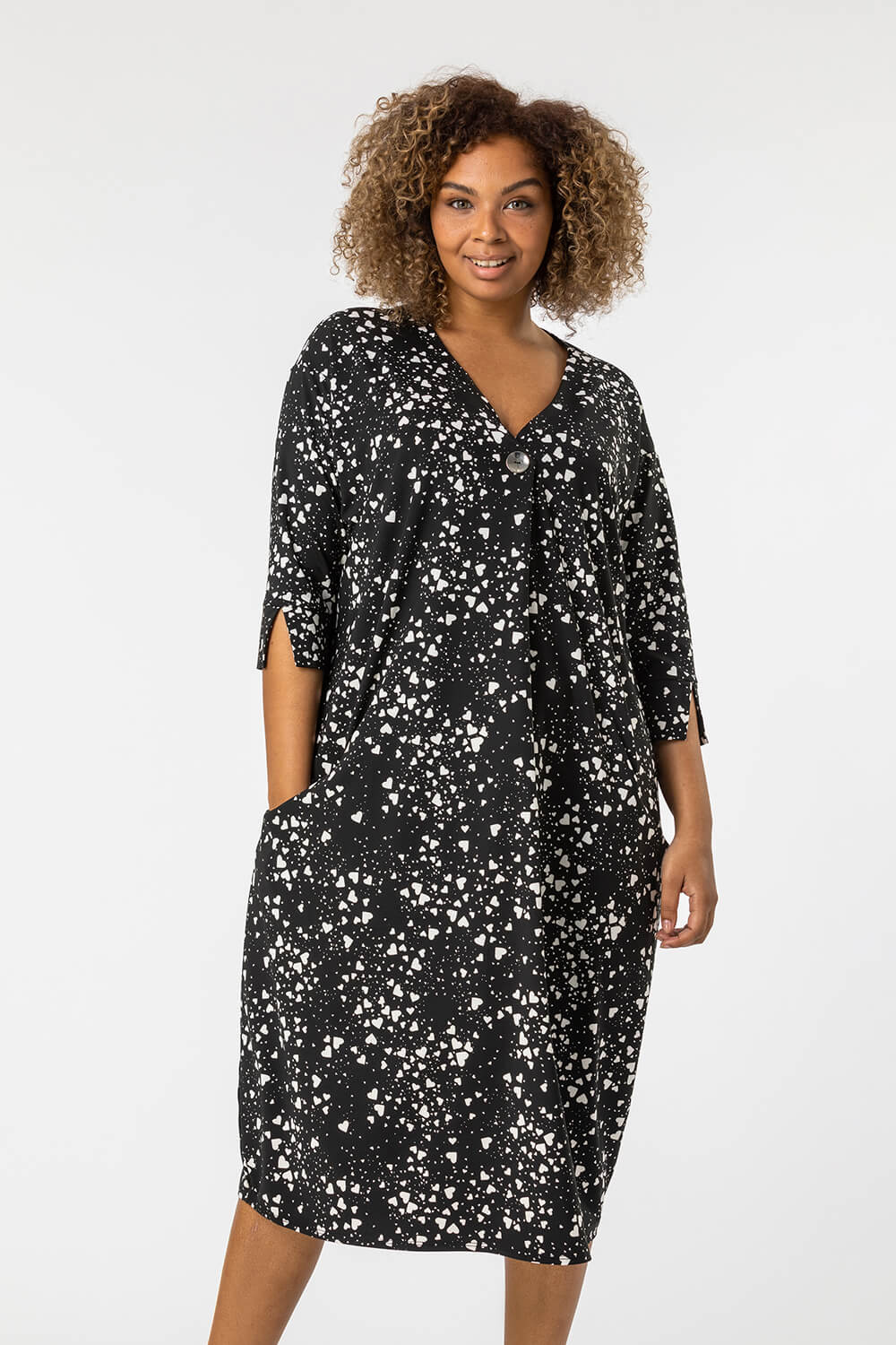 Black Curve Ditsy Heart Print Cocoon Dress, Image 3 of 4