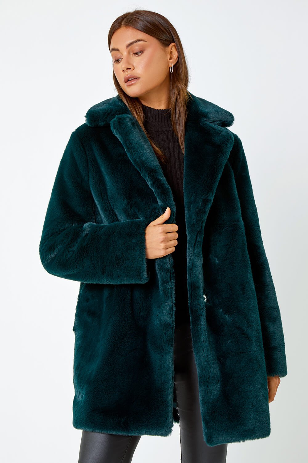 Emerald Faux Fur Longline Coat, Image 1 of 5