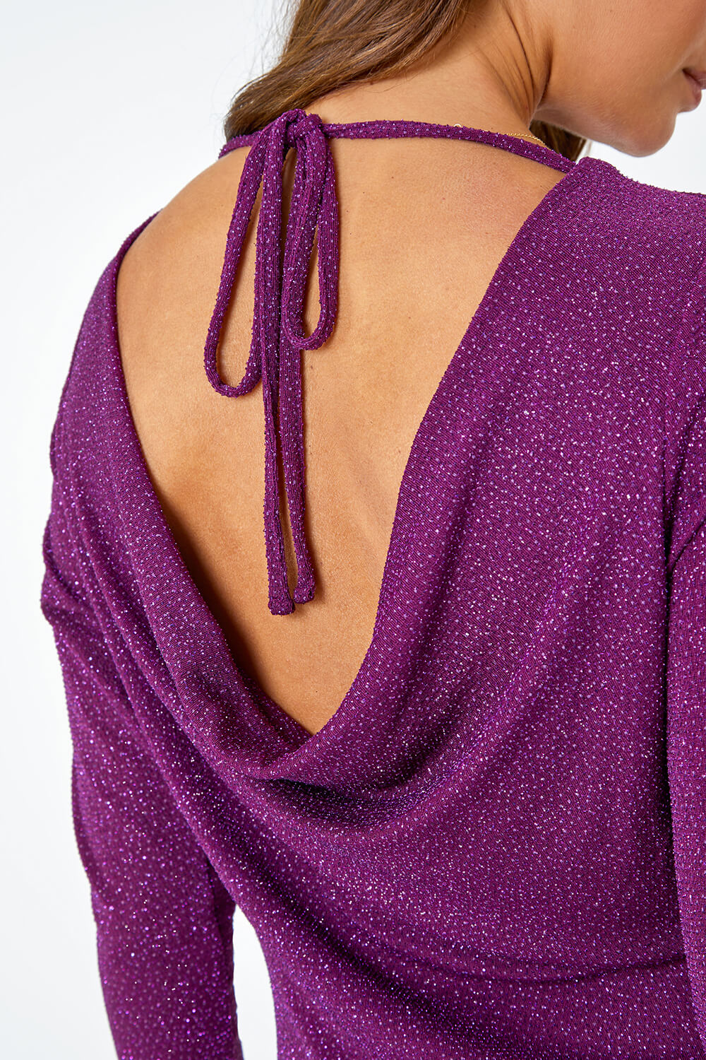 Purple Glitter Cowl Back Stretch Ruched Midi Dress, Image 5 of 5