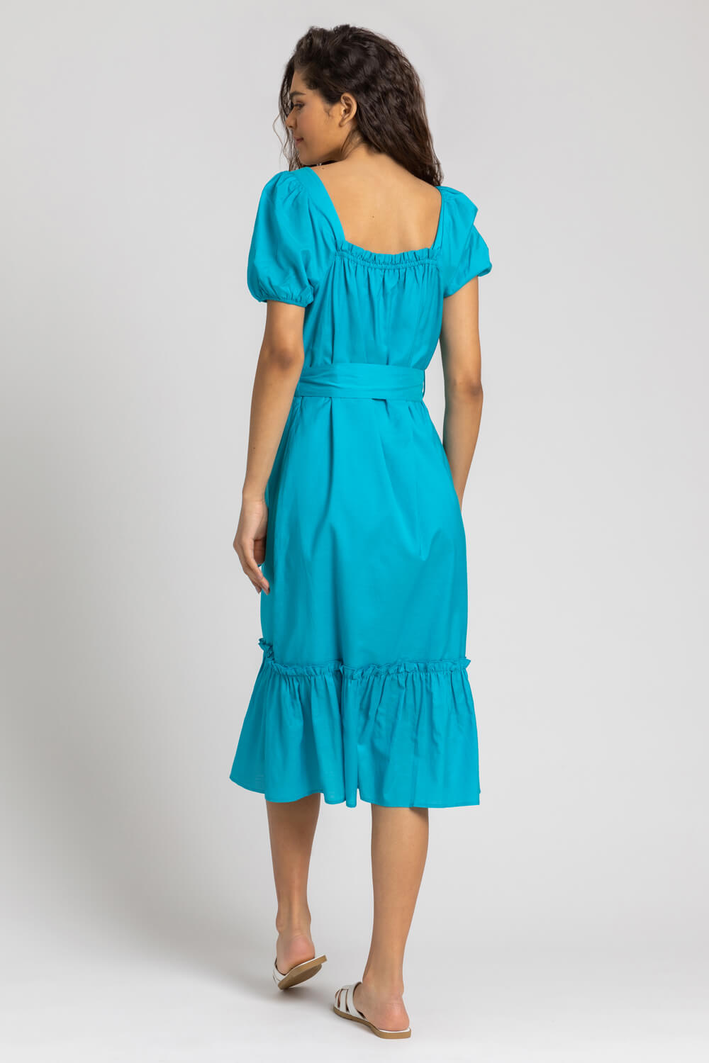 Turquoise Puff Sleeve Button Through Midi Dress, Image 2 of 5