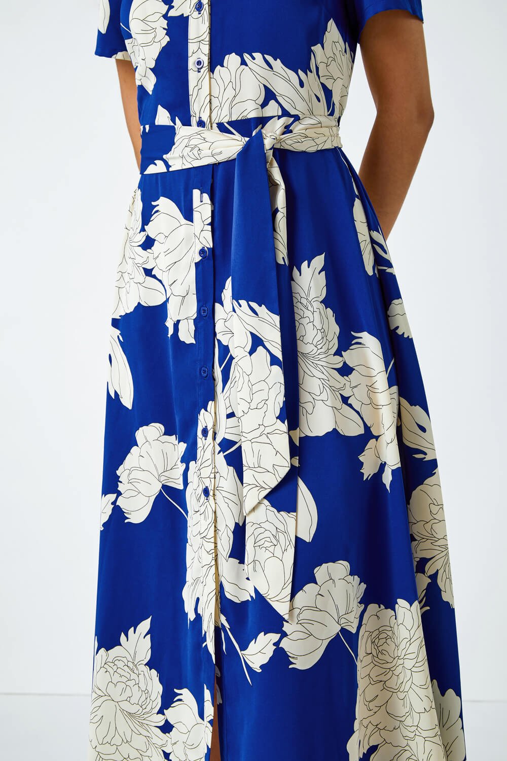 Royal Blue Contrast Floral Print Shirt Dress, Image 5 of 5