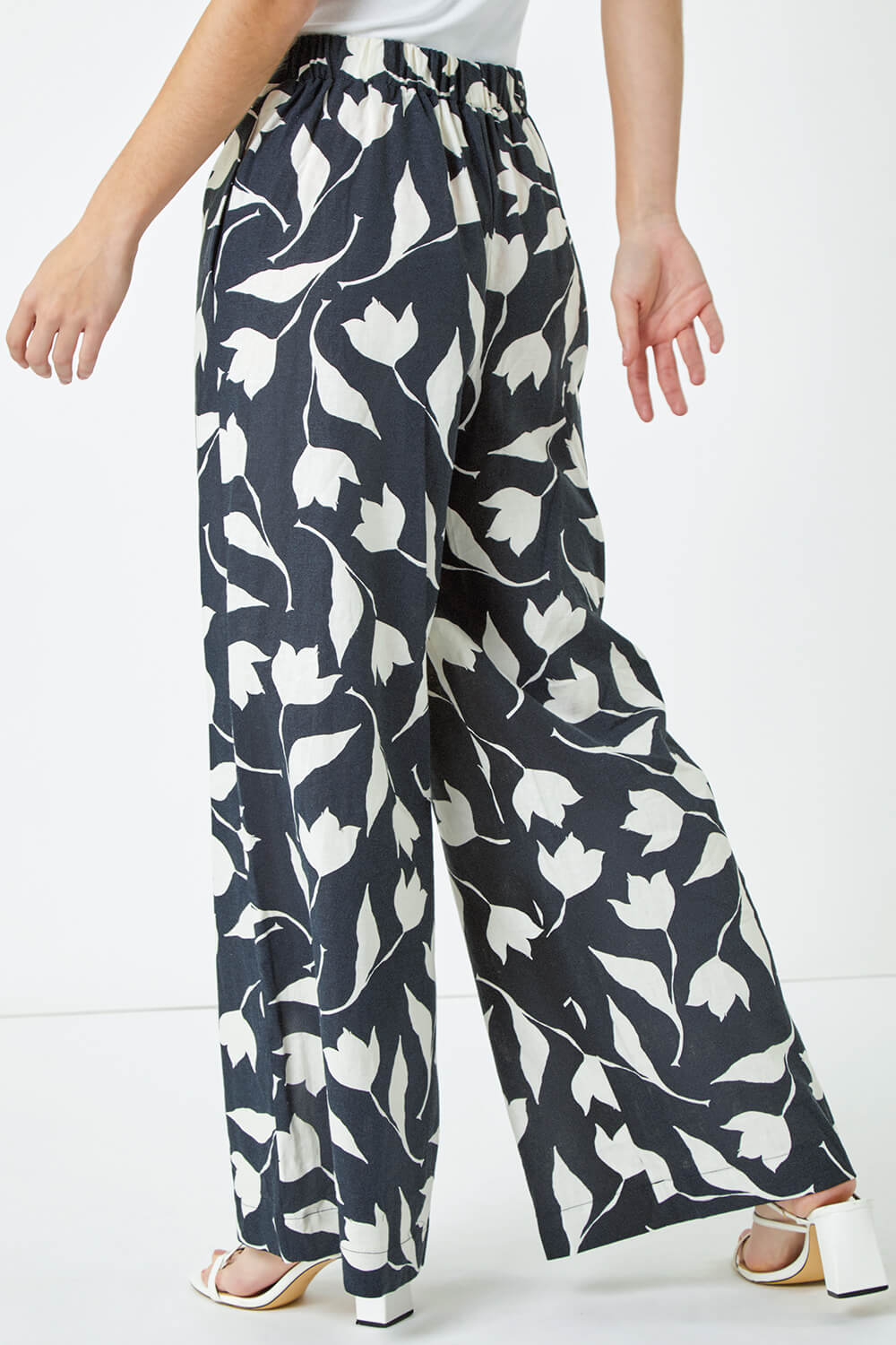 Black Floral Print Wide Leg Trousers, Image 4 of 5
