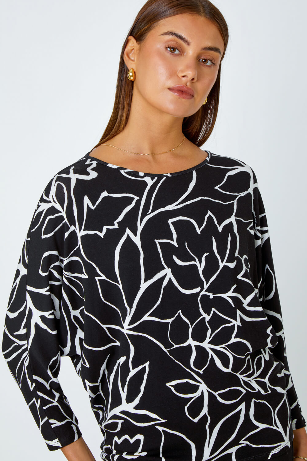 Black Contrast Floral Linear Print Stretch Top, Image 4 of 5