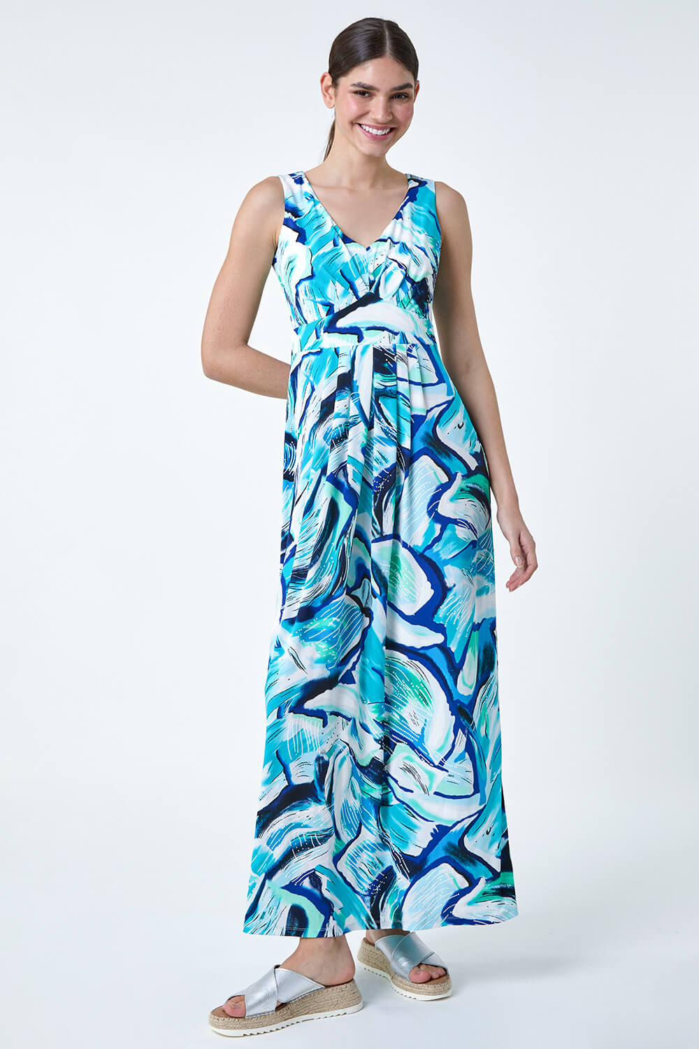 Turquoise Abstract Print V Neck Maxi Dress, Image 2 of 5