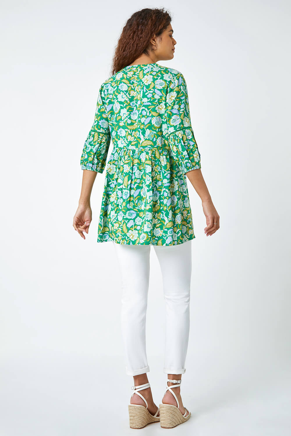 Green Cotton Abstract Floral Ladder Trim Top, Image 3 of 5