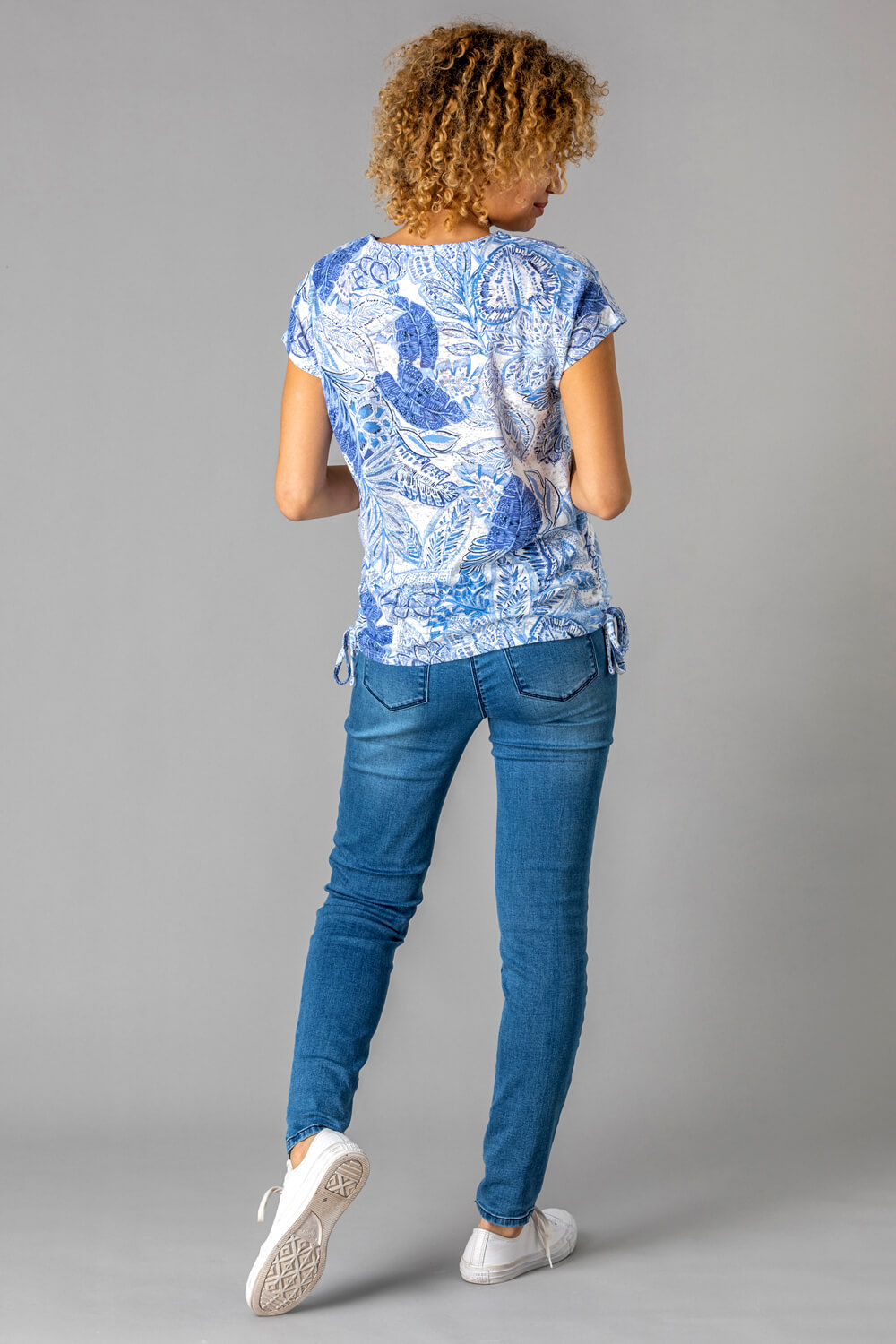 Blue Burnout Tropical Print Ruched T-Shirt, Image 2 of 4