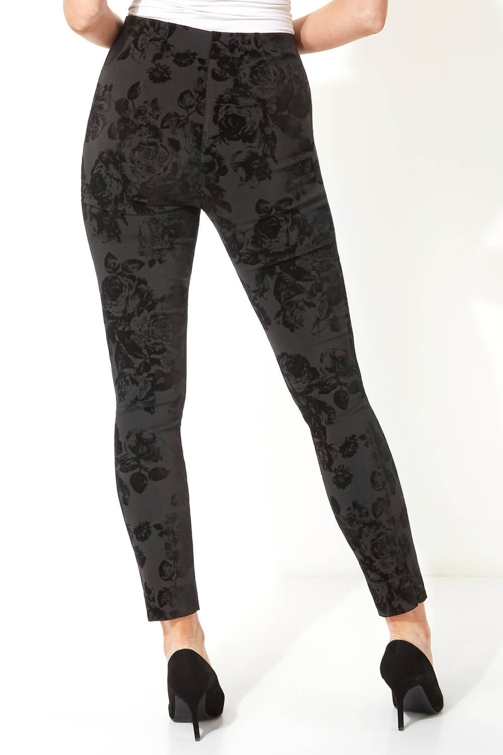Black Flocked Full Length Stretch Trousers, Image 2 of 5