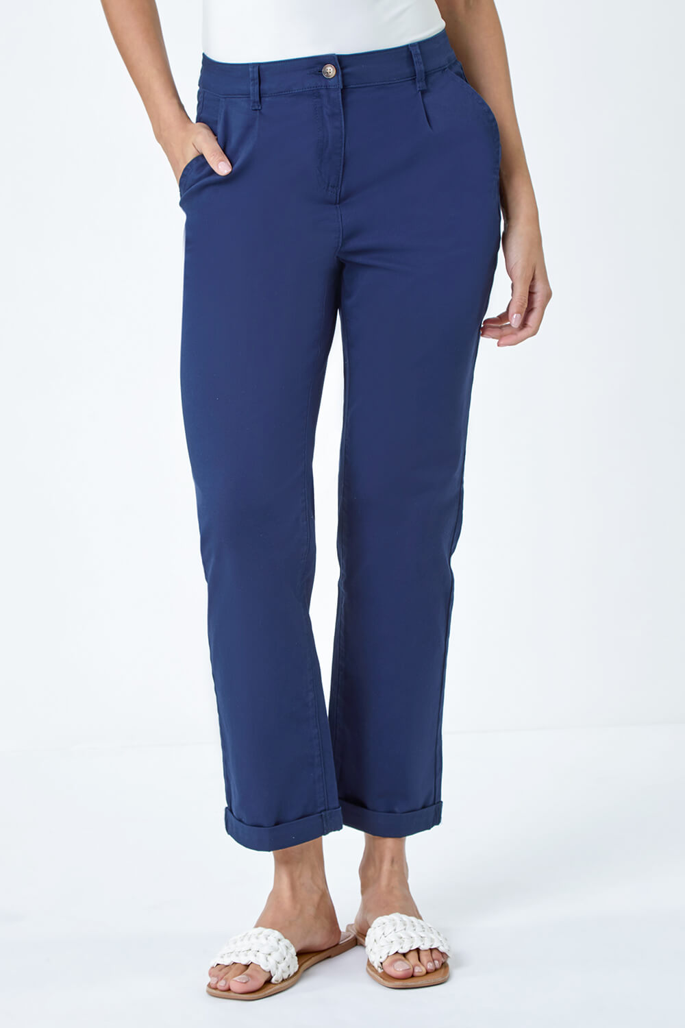 Navy  Cotton Blend Washed Chino Trousers, Image 4 of 5