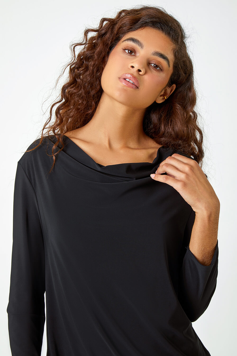 Black Lace Back Cowl Neck Stretch Top, Image 4 of 5