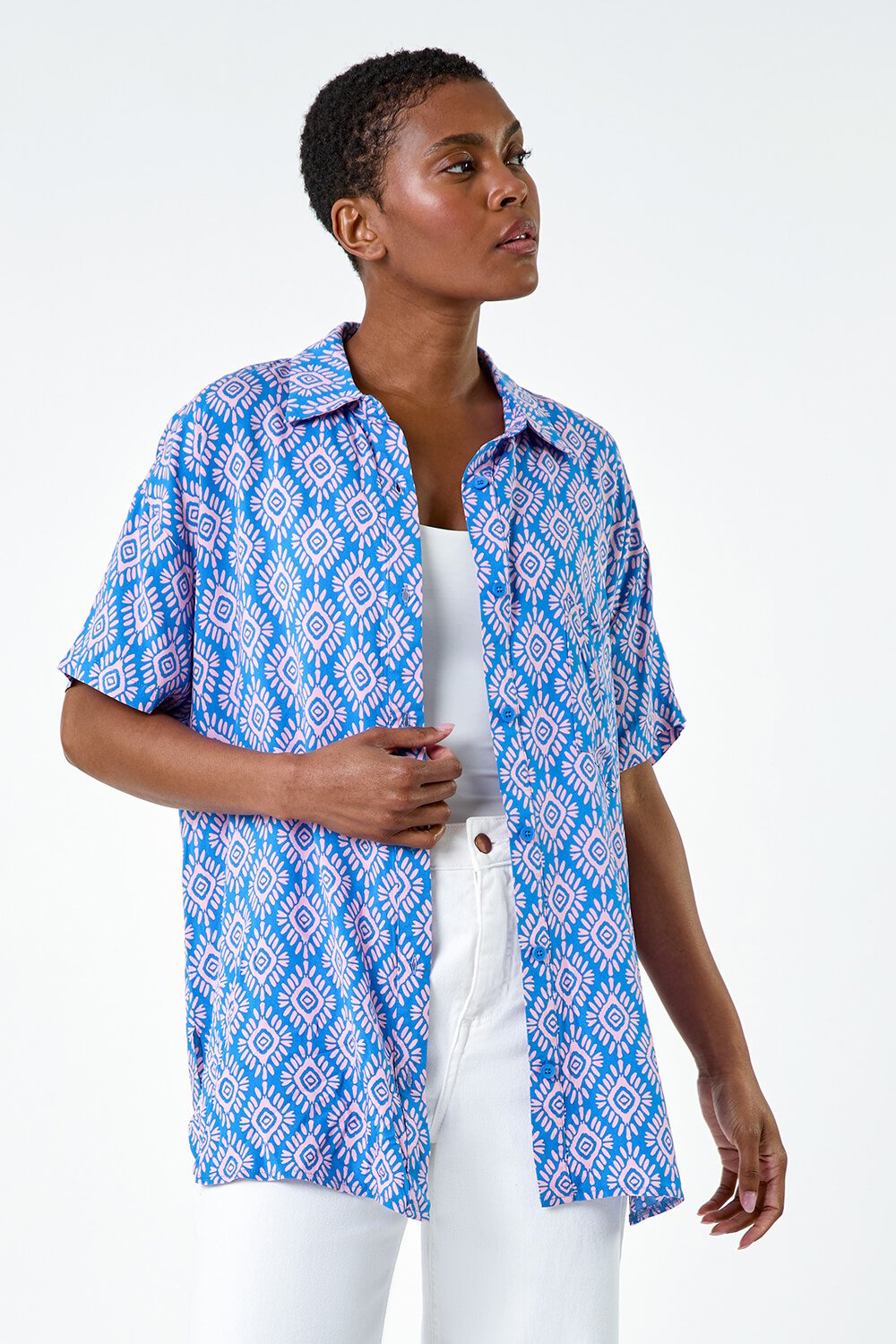 Light Blue  Geometric Print Short Sleeve Shirt, Image 4 of 5