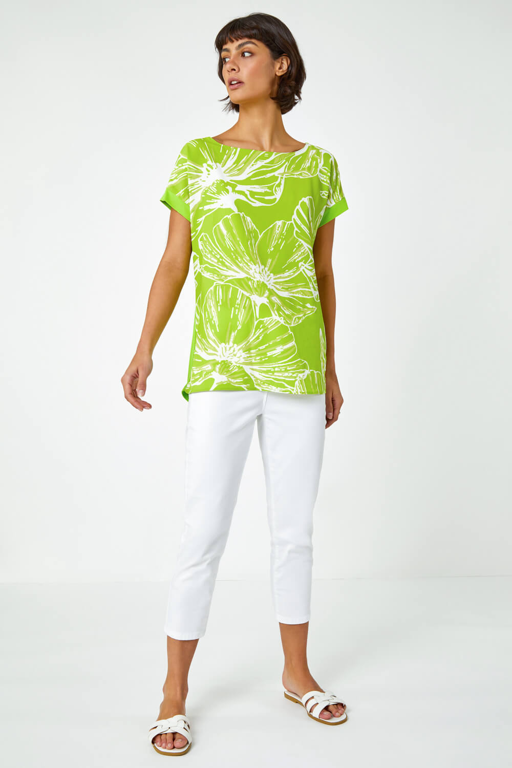Lime Linear Floral Print Stretch T-Shirt, Image 4 of 5