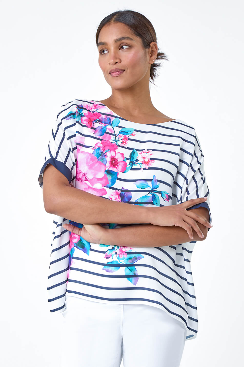 Navy  Floral Stripe Print Woven Top, Image 2 of 5