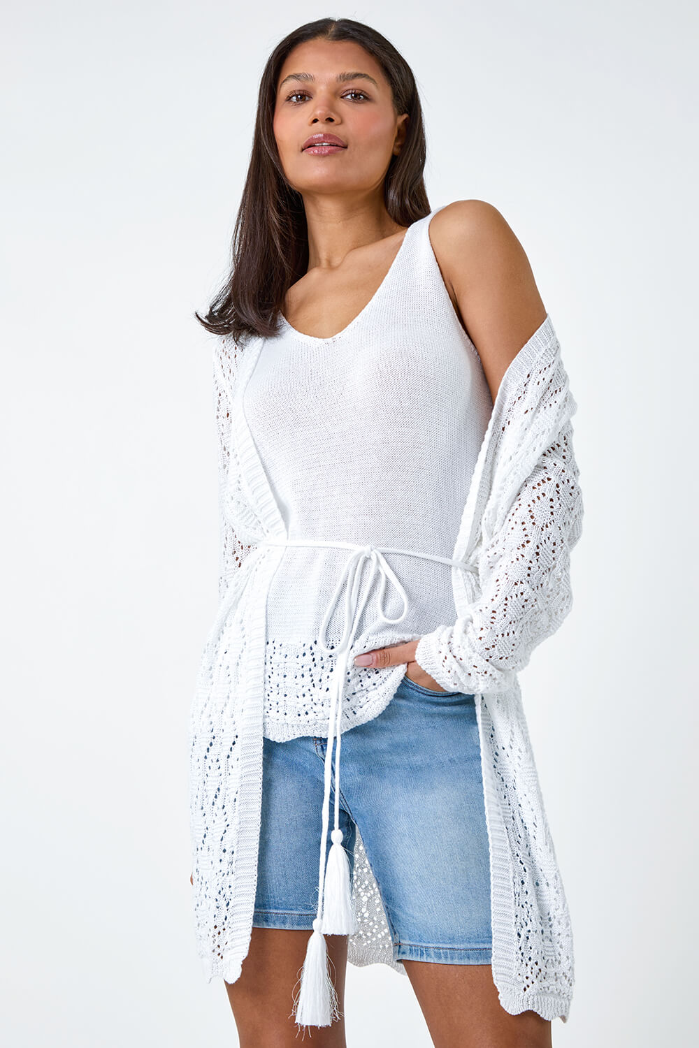 White Pointelle Knitted Vest Top, Image 2 of 7