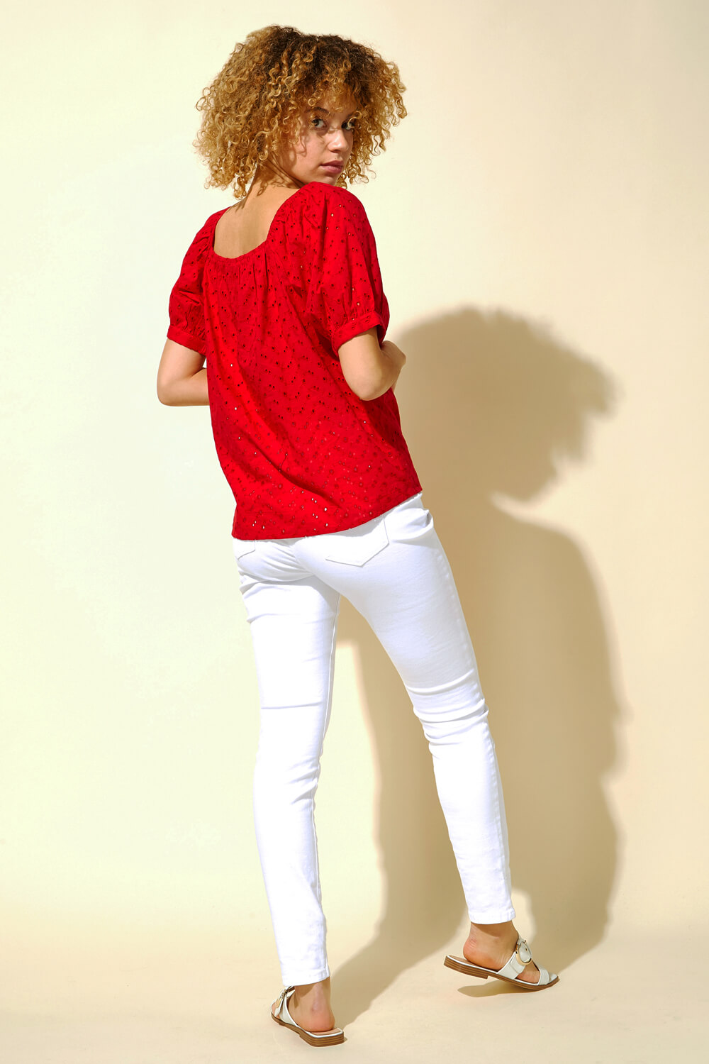 Red Broderie Square Neck Top, Image 3 of 4