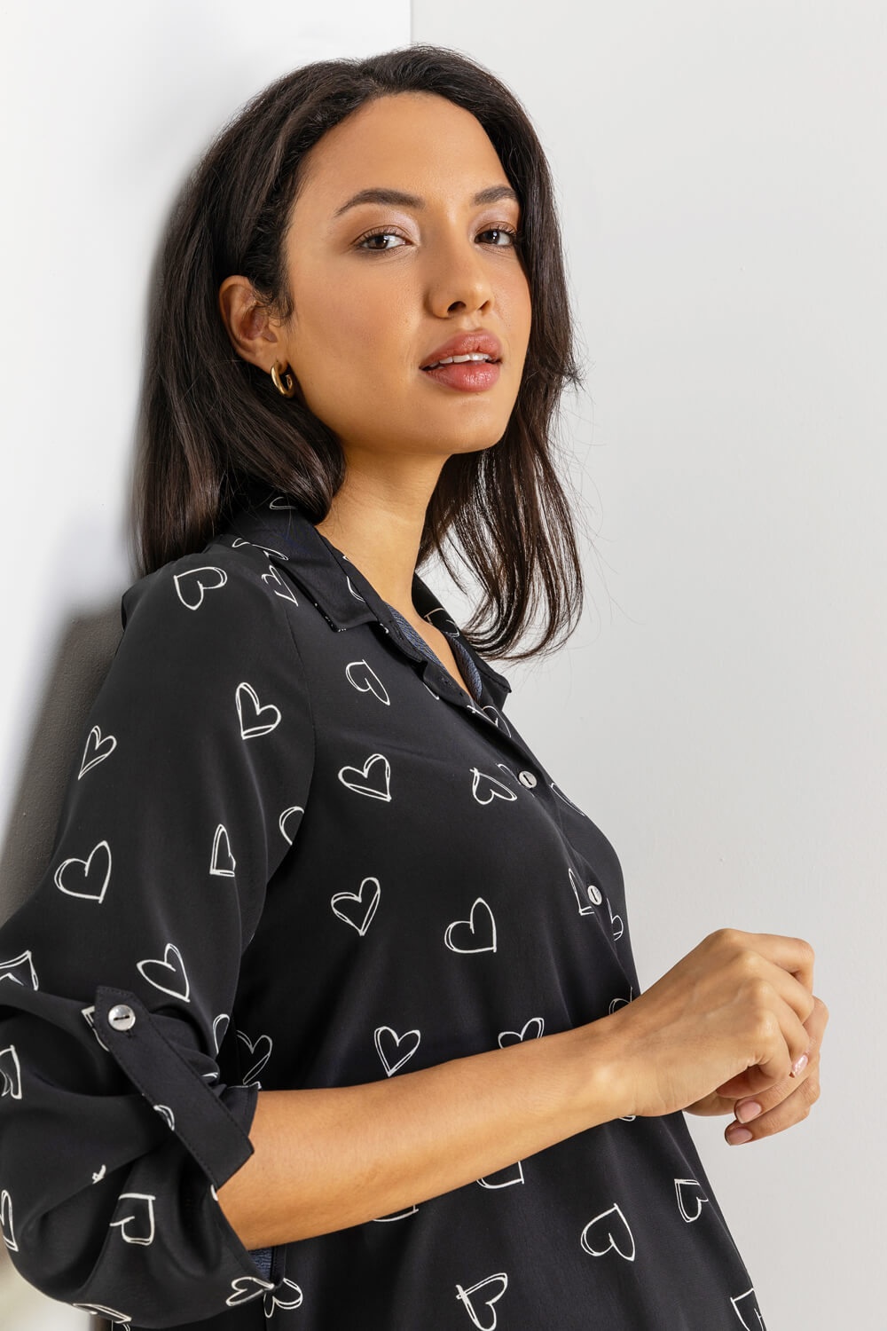 Black Heart Print Button Up Tunic Blouse , Image 5 of 5