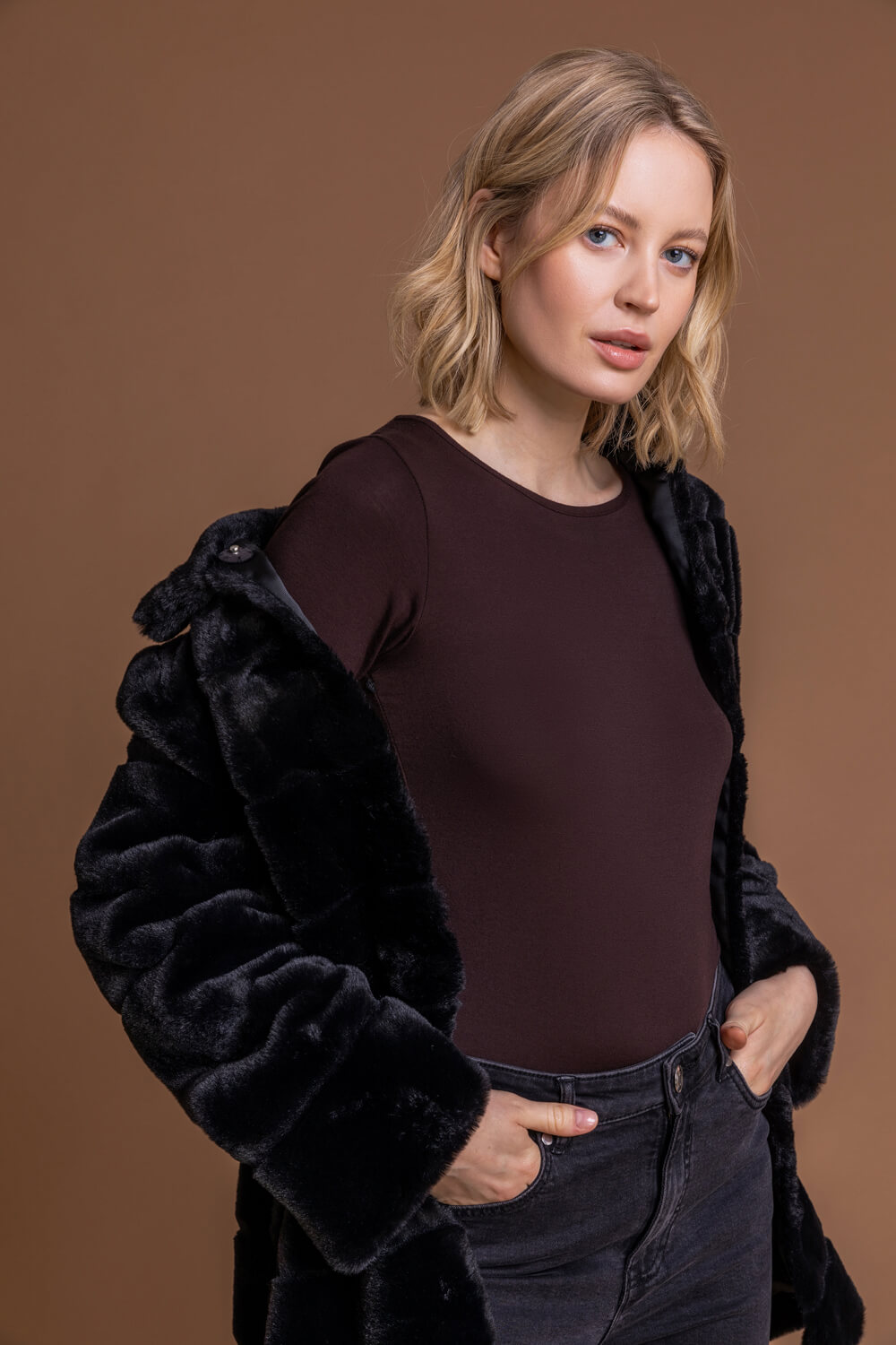 Black Faux Fur Embossed Stripe Coat, Image 4 of 5