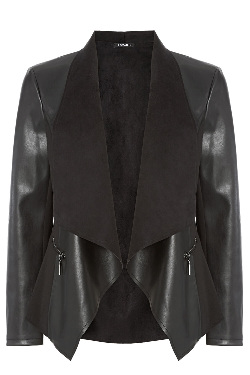 Black Faux Leather Suedette Waterfall Jacket, Image 5 of 5