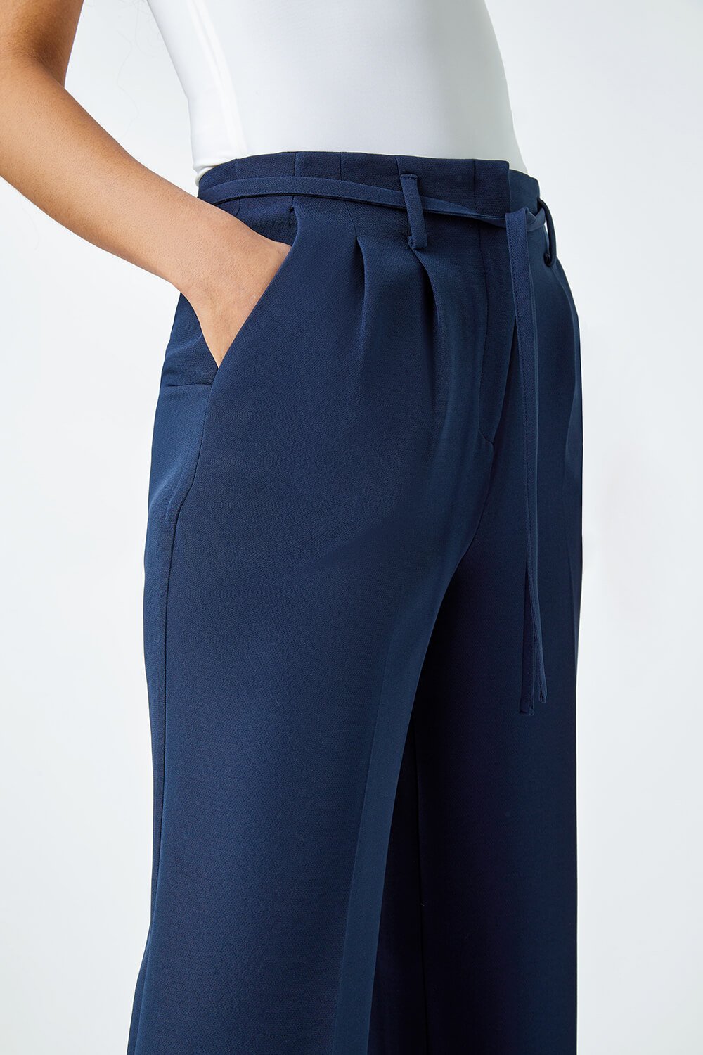 Navy  Crepe Stretch Straight Leg Trousers, Image 5 of 6