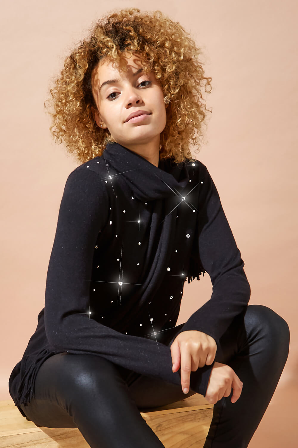 Black Embellished Tunic Jumper with Scarf, Image 4 of 4