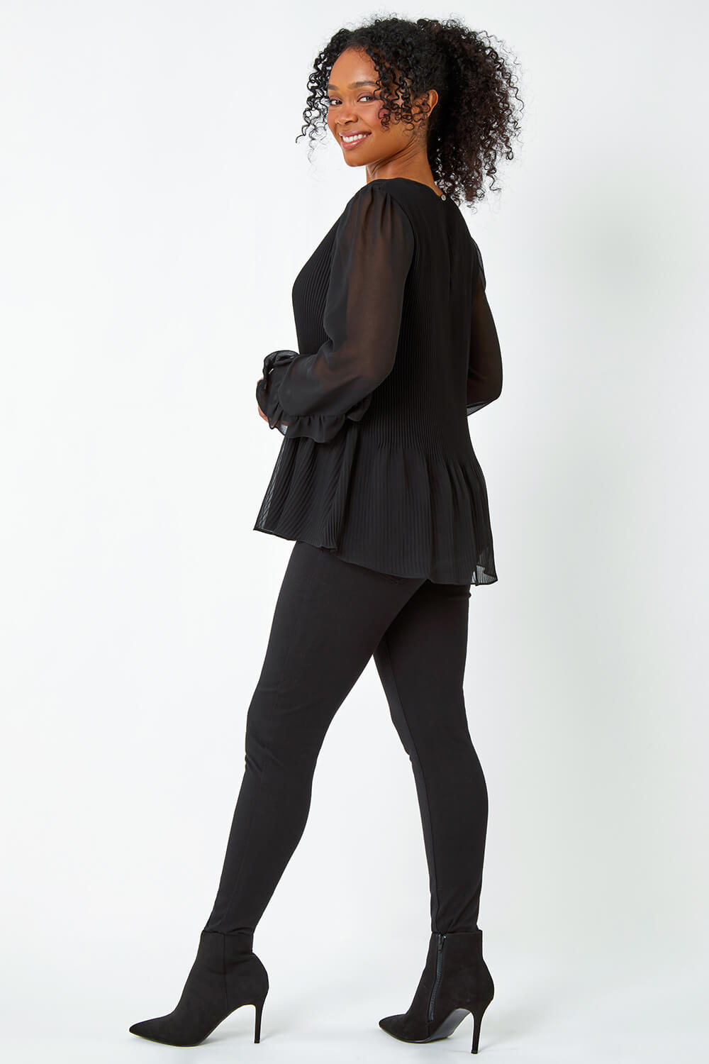 Black Petite Pleated Frill Detail Top, Image 3 of 5