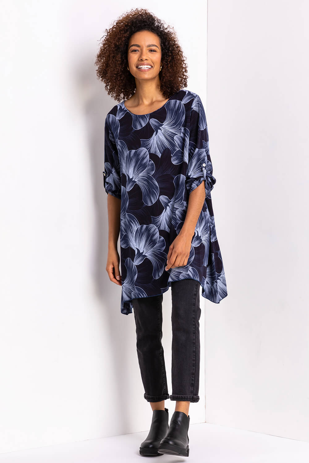 Midnight Blue Floral Print Longline Tunic Top, Image 3 of 4