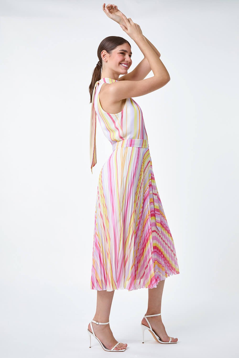 Multi  Stripe Print Pleated Midi Dress, Image 4 of 5