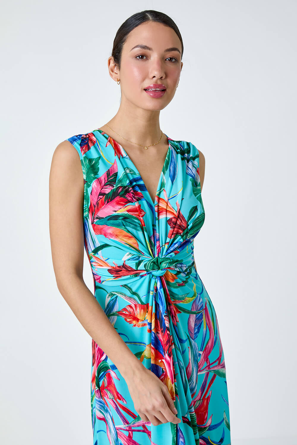 Turquoise Tropical Twist Detail Stretch Maxi Dress, Image 4 of 5