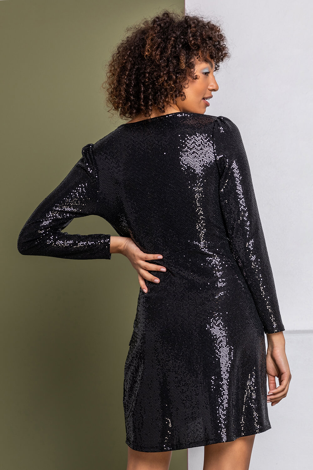 Black Sparkle Embellished Ruched Wrap Dress, Image 2 of 5