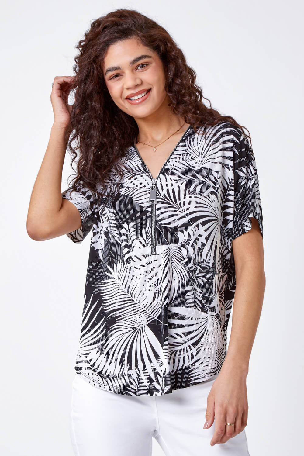 Palm Print Zip Front Stretch Top