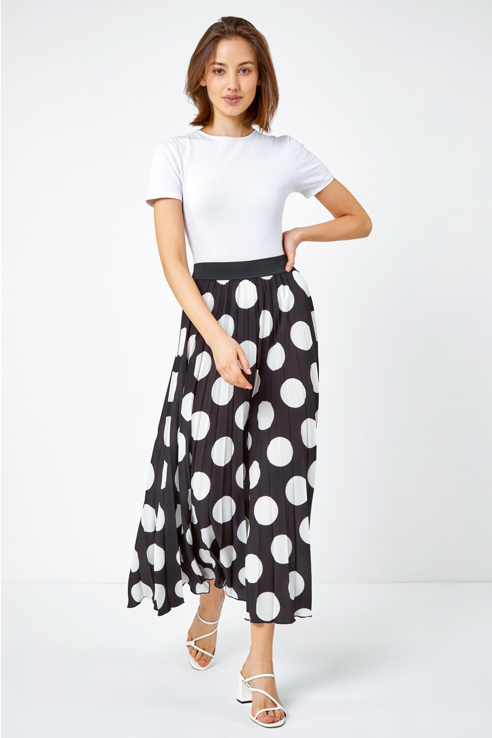 Black Polka Dot Pleated Midi Skirt, Image 2 of 5