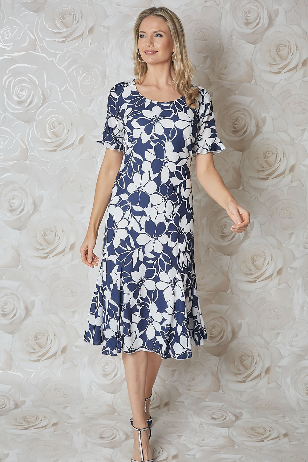 Navy Floral Print Bias Cut Midi Dress | Roman UK