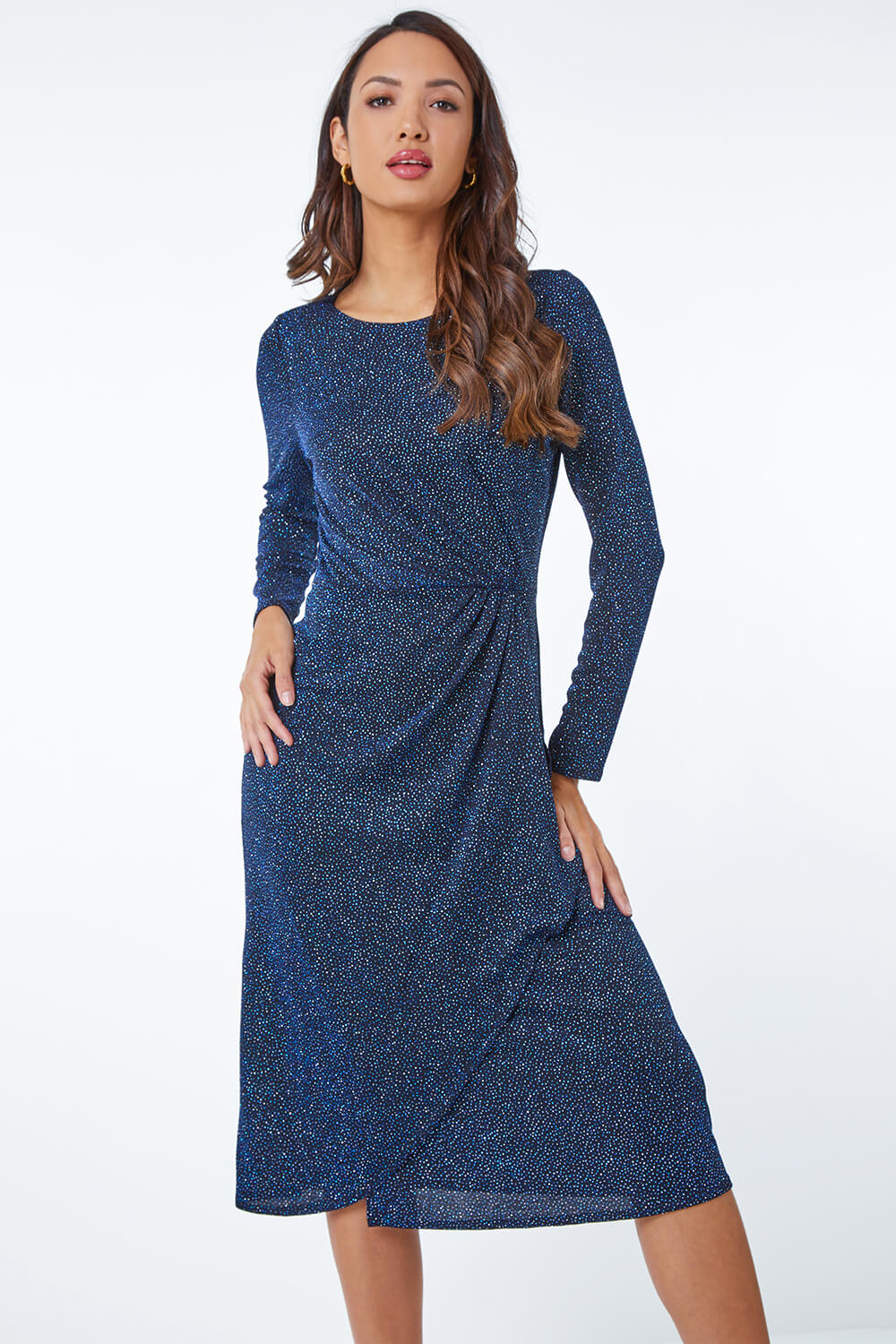 Blue Ruched Glitter Midi Dress, Image 2 of 5