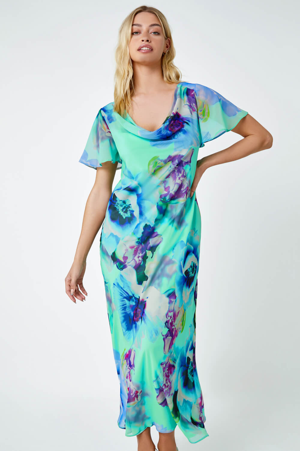 Turquoise Floral Print Cowl Neck Dress, Image 4 of 5