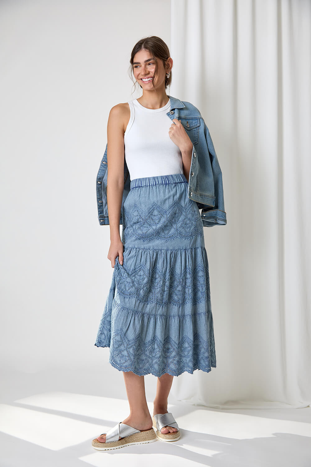 Denim Broderie Tiered Stretch Midi Skirt, Image 5 of 6