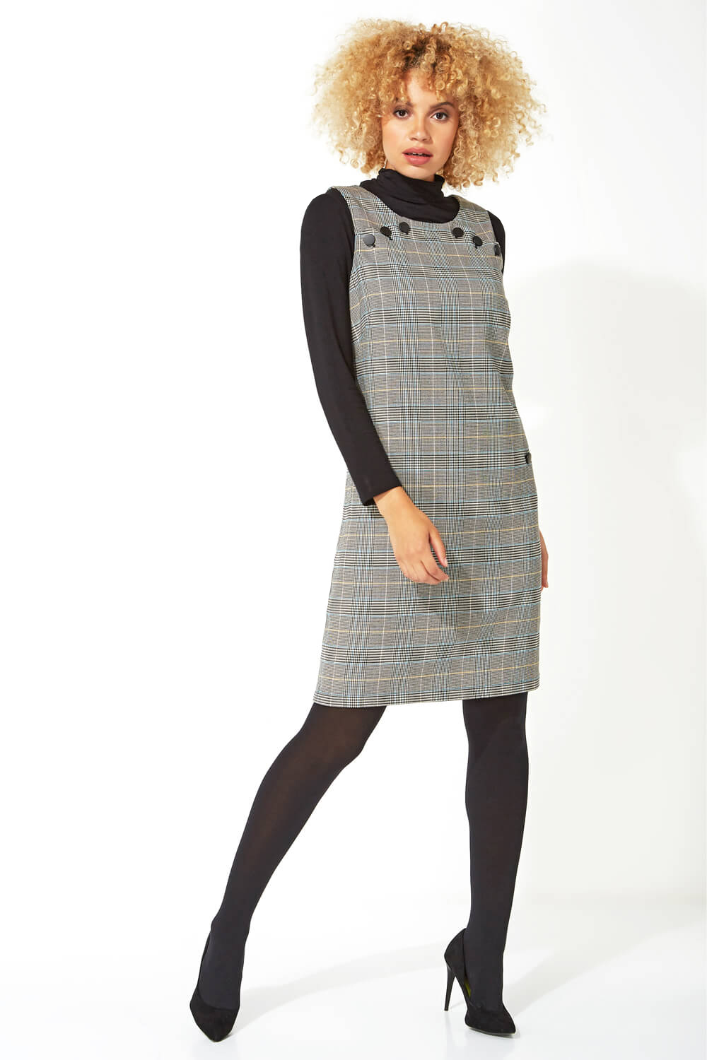 Multi  Check Button Pinafore Dress, Image 2 of 5