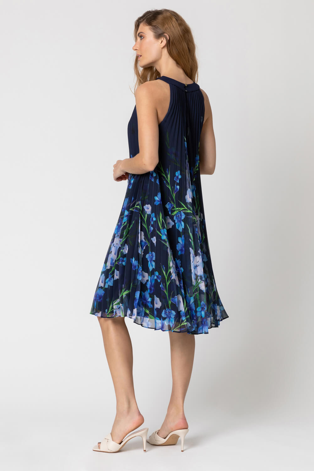 Blue High Neck Floral Pleated Swing Dress, Image 2 of 4