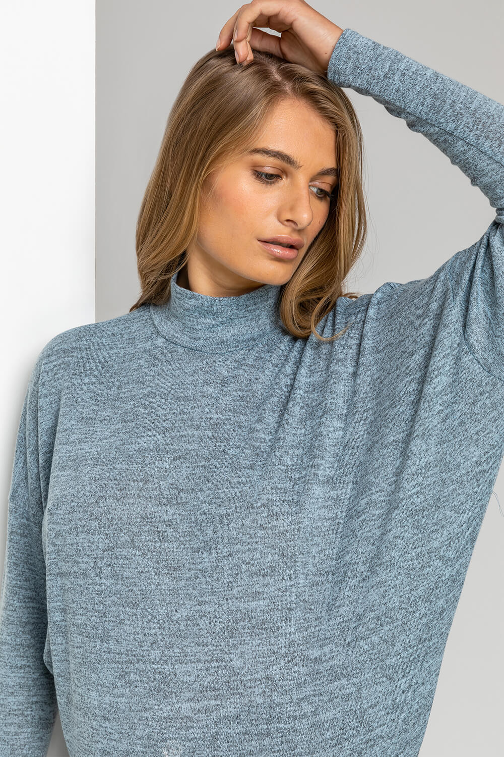 Light Blue  Button Detail Turtle Neck Top, Image 4 of 4