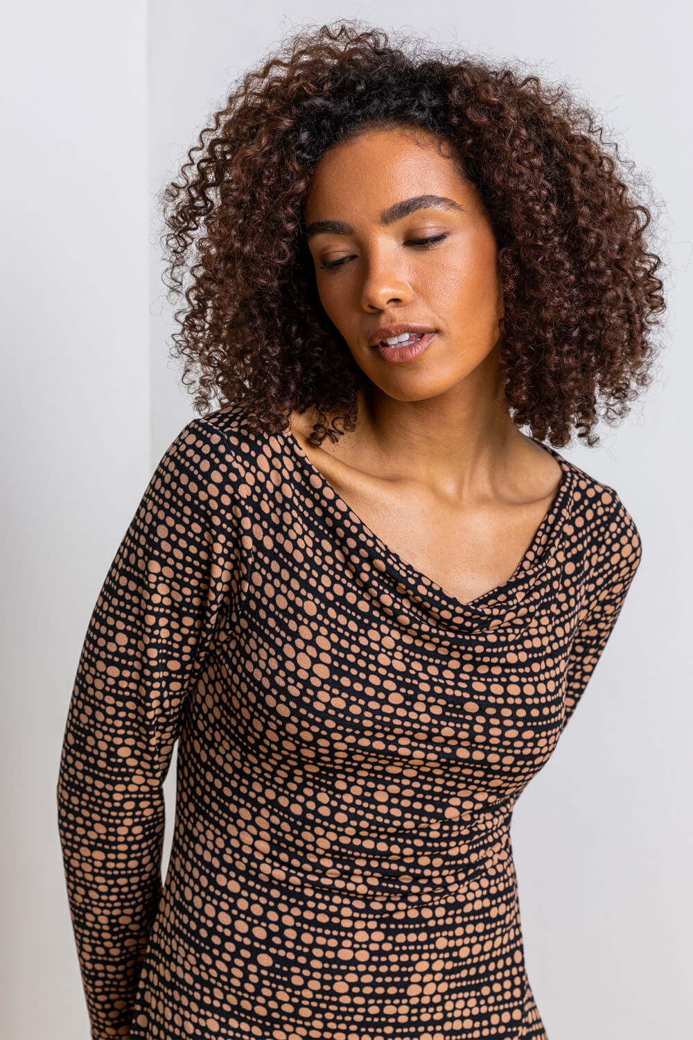 Camel  Abstract Spot Print Cowl Neck Dress, Image 4 of 4