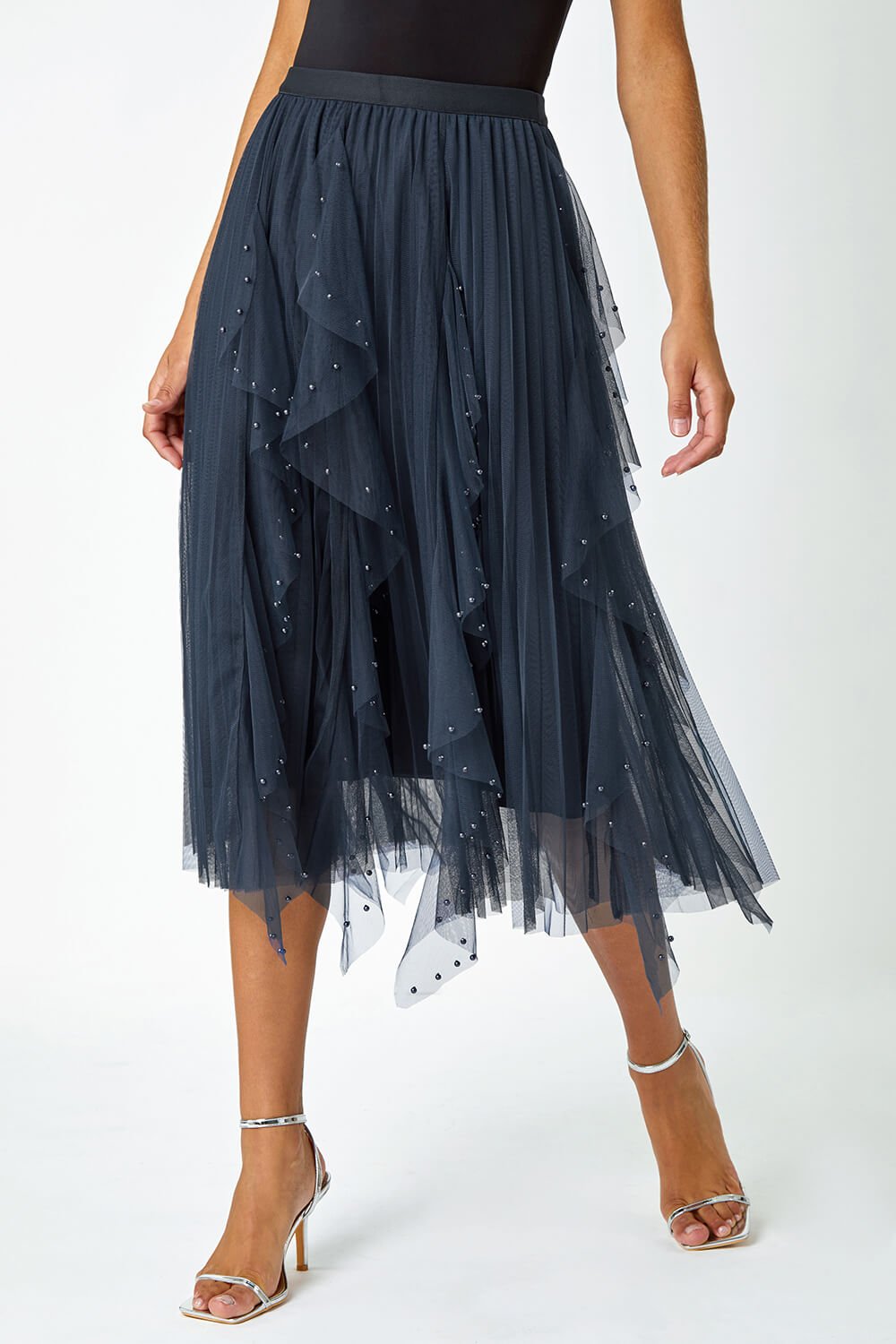 Midnight Blue Elasticated Pearl Mesh Layered Skirt, Image 2 of 5