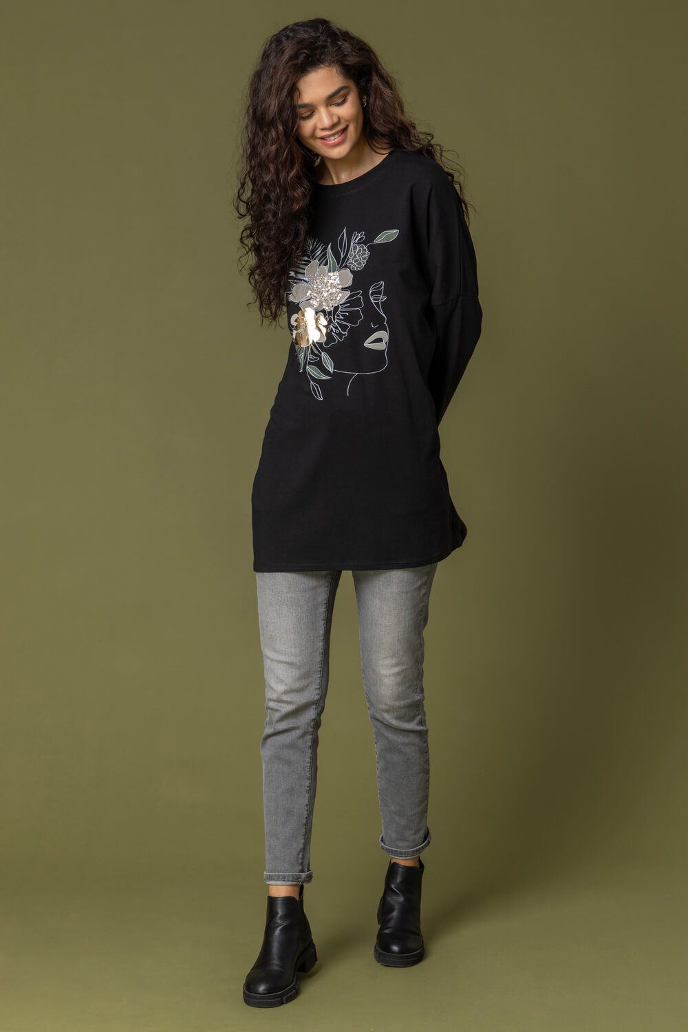 Black Abstract Floral Print Sweat Top, Image 3 of 4