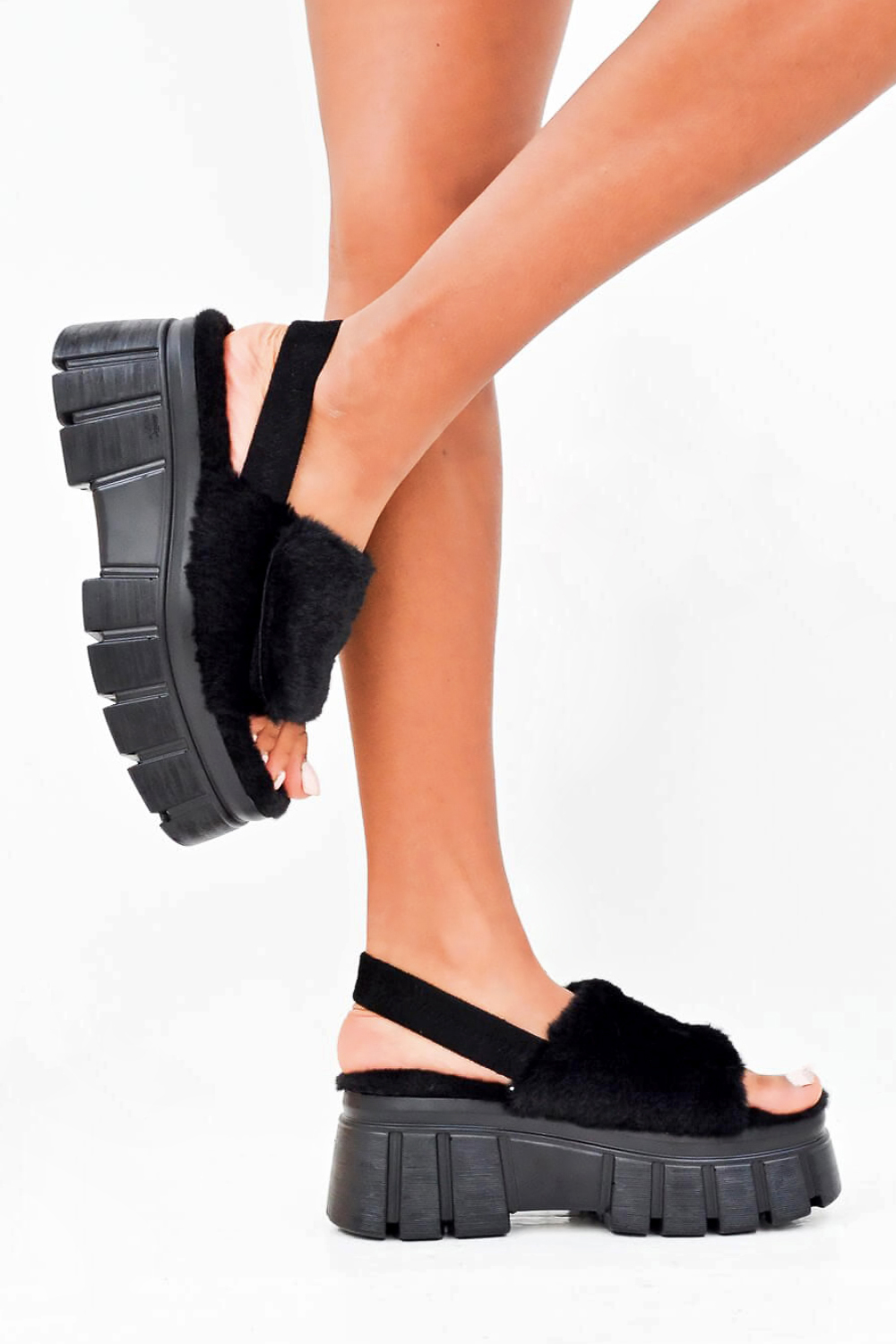 Black Chunky Faux Fur Strap Platform Sandals, Image 3 of 4
