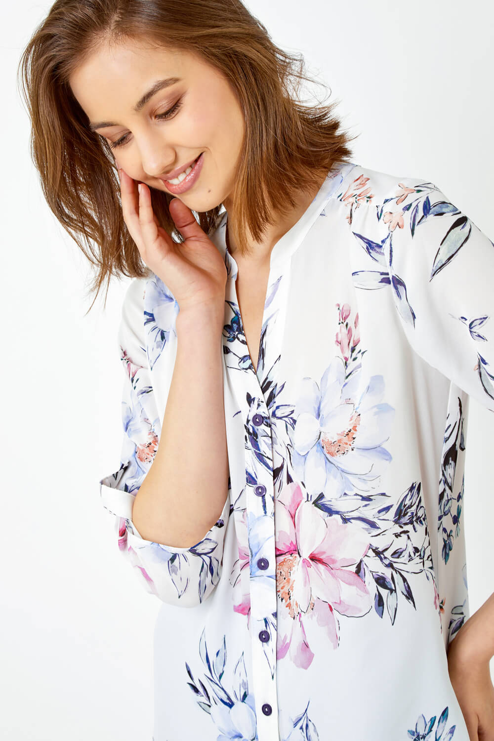 Ivory  Floral Print Longline Blouse, Image 4 of 5