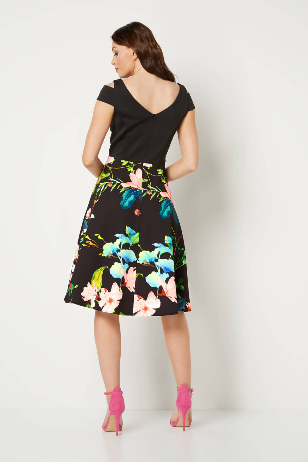 Black Floral Print Fit and Flare Scuba Dress, Image 3 of 4
