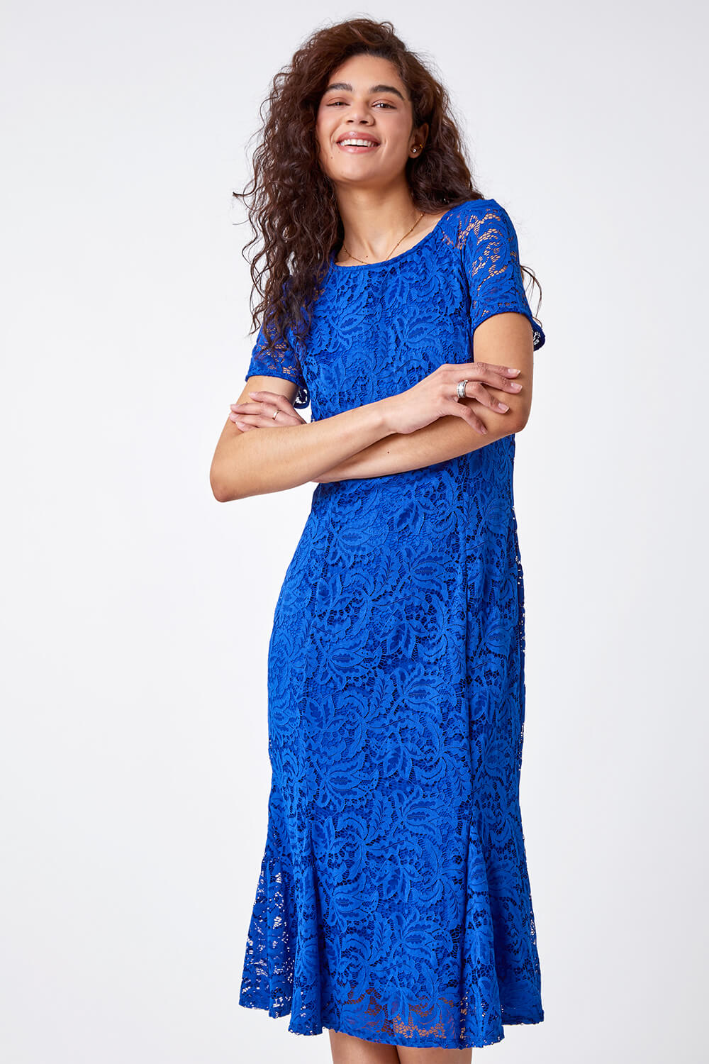 Royal Blue Flute Hem Lace Midi Dress, Image 2 of 5
