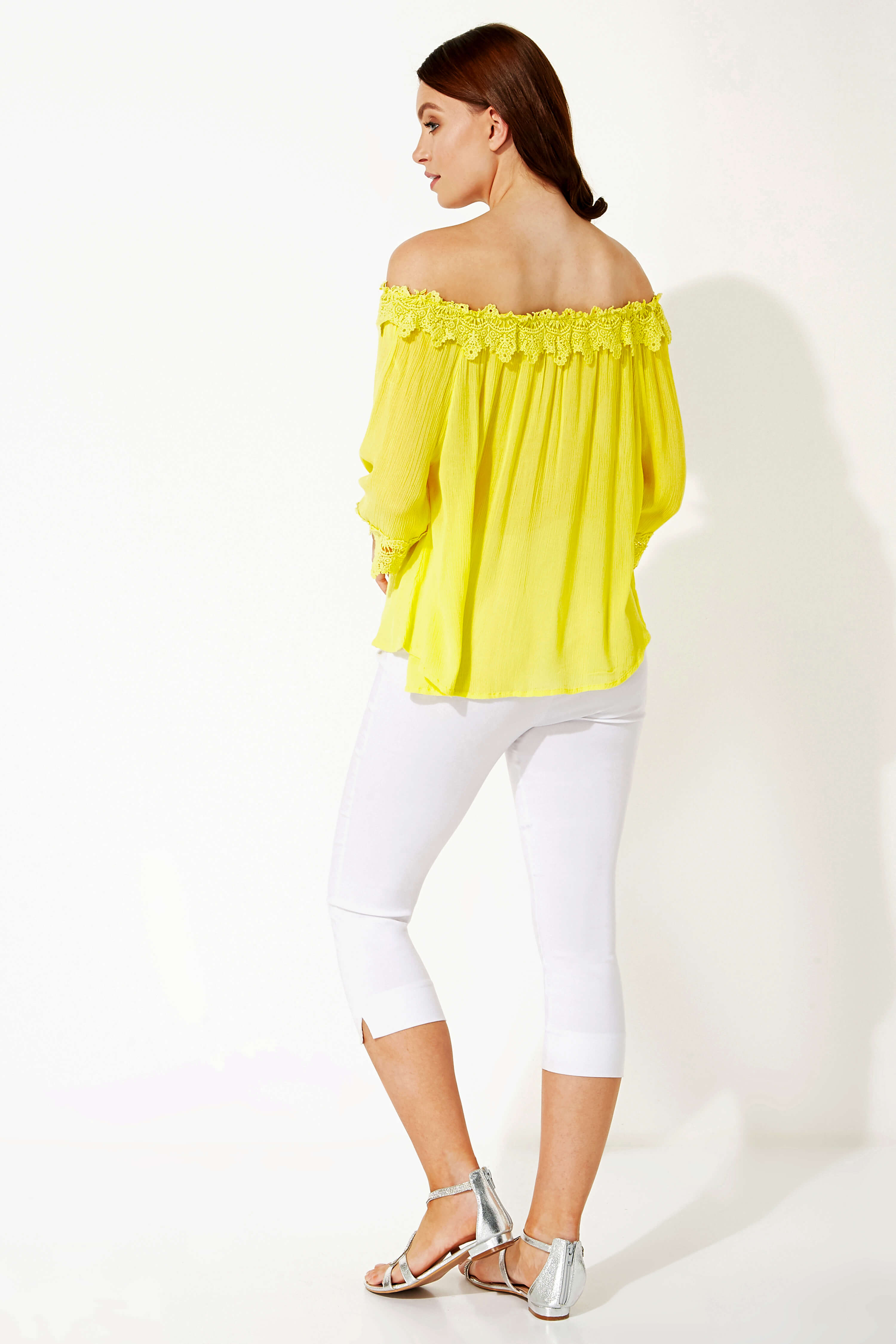 Light Yellow Lace Trim Bardot Top , Image 2 of 4