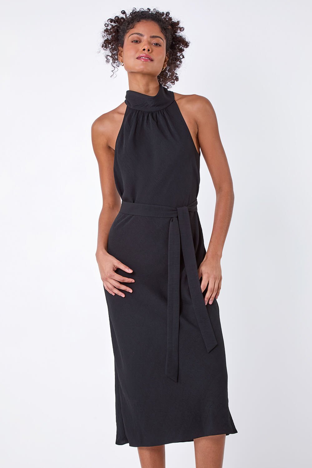 Black Plain Woven Halterneck Midi Dress, Image 4 of 8